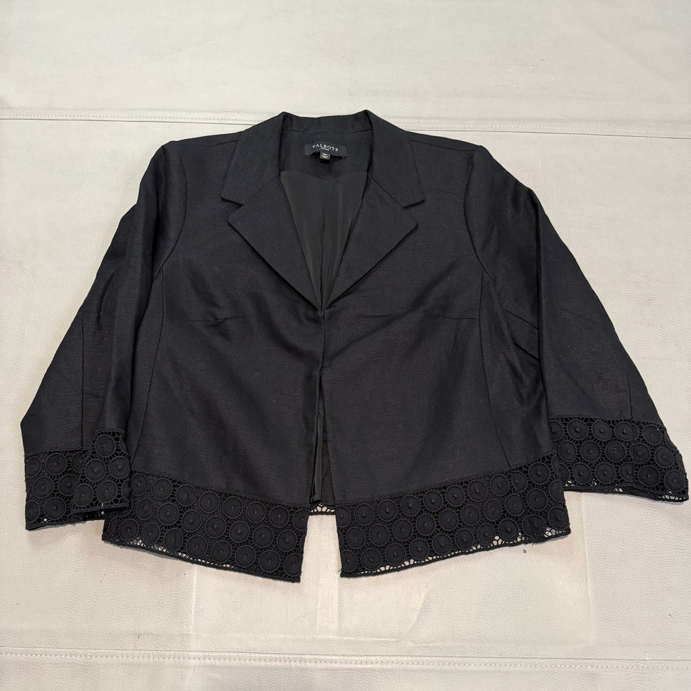 Talbot Black Blazer Linen Eyelet Sheer Trim 14P Petite Women Petite‎ Line-5773